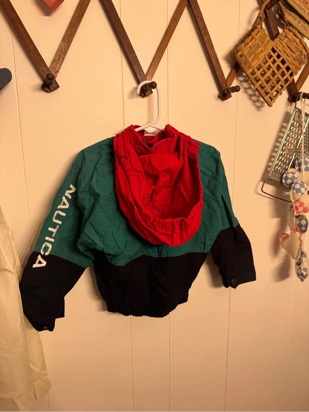 Nautica Colorblock Hooded Puffer Jacket in Green, Black & Red